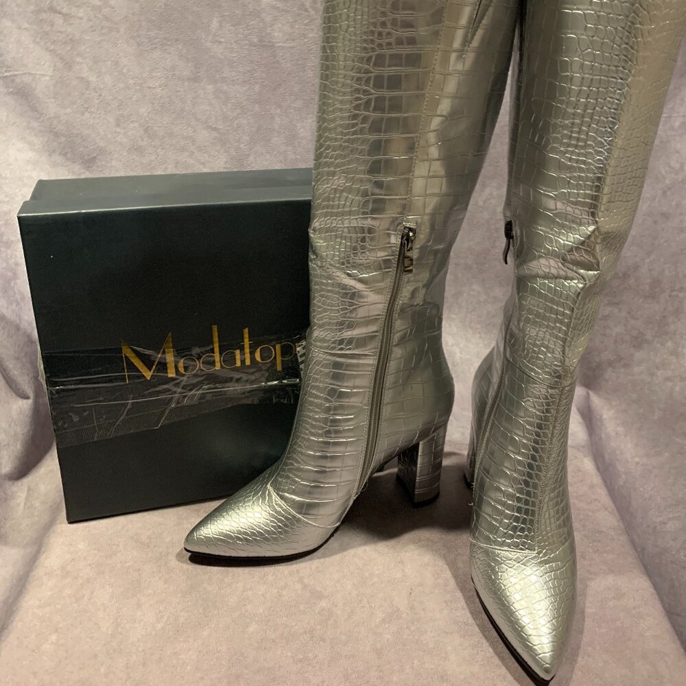 Modatope Knee-High, Chunky Block Heel, Pointed Toe, Faux Crocodile Boots